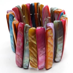 Wide Rainbow Colors Dyed Mother of Pearl Stick Beaded Vintage Stretch Bracelet