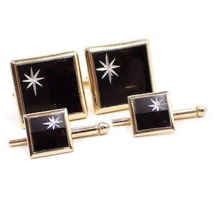 Swank Black and Gray Atomic Starburst Mid Century Vintage Jewelry Set, Shirt Studs Cufflinks
