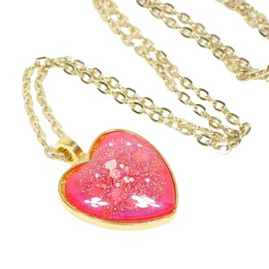 Handmade Pearly Bright Pink Resin Heart Pendant Necklace with Iridescent Glitter, Gold Plated