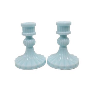 Handmade Set of Two Pale Blue Resin Fluted Vintage Style Taper Candlestick Candle Holders