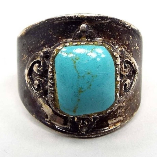 CFJ Sterling Silver Retro Vintage Turquoise Ring, Boho Jewelry