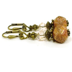 Handmade Pink and Orange Czech Glass Beaded Earrings, Antiqued Brass, Hook Lever Back or Clip On