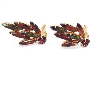 Orange and Green Rhinestone Mid Century Vintage Clip on Earrings, Fall Jewelry, Gold Tone