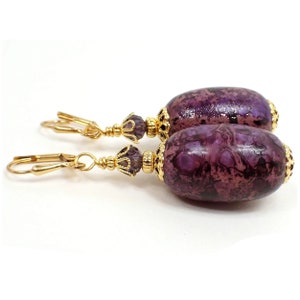 Handmade Large Purple and Pink Marbled Oval Drop Earrings, Gold Plated, Hook Lever Back or Clip On