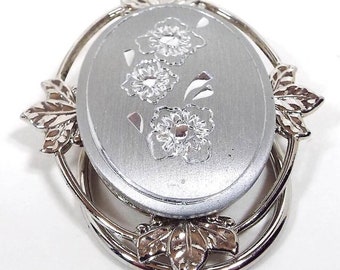 Jeri-Lou Floral Etched Retro Vintage Scarf Clip, Silver Tone Plated