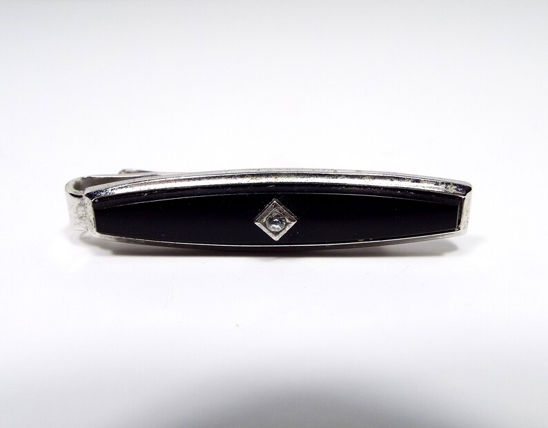 Vintage Tie Clip Black Tie Clip Speidel Silver Tone Rhinestone Tie Clip Retro 1970s 70s Mens Formal Mens Bling Gentleman Jewelry - 