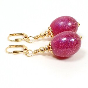 Handmade Pink Glitter Resin Oval Drop Earrings, Gold Plated, Hook Lever Back or Clip On