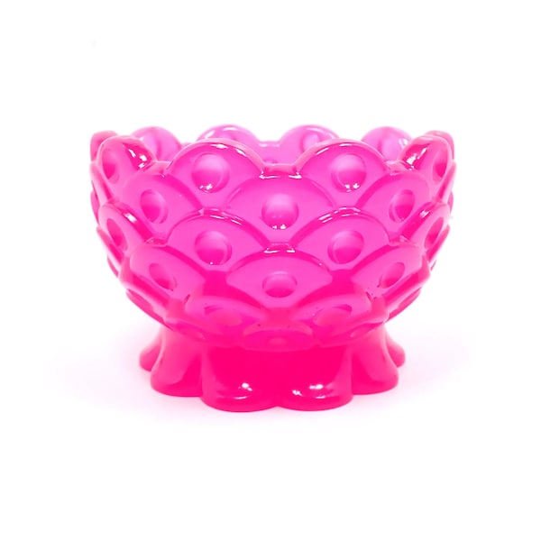 Handmade Small Neon Pink Resin Decorative Footed Bowl with Scalloped Edge and Indented Dot Pattern