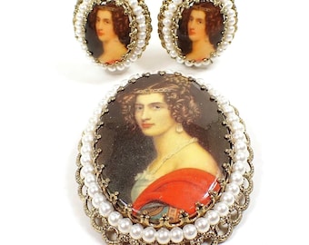 Faux Pearl Cameo Mid Century Vintage Brooch and Clip on Earrings Jewelry Set, West Germany