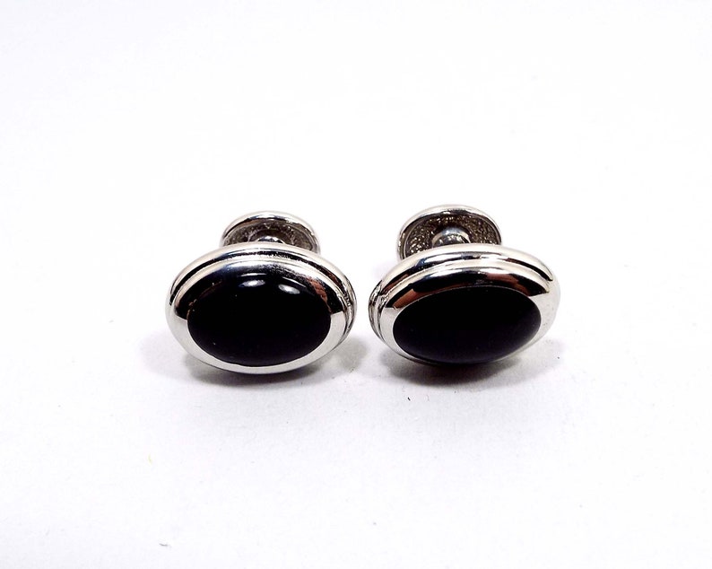 Black Plastic Front Bean Back Vintage Cufflinks Curved Silver Tone Oval Cuff Links Mid Century 1950s 50s Gentleman Jewelry