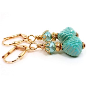Handmade Blue Green Acrylic Earrings, Gold Plated, Hook Lever Back or Clip On