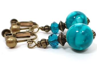 Handmade Teal Blue Earrings, Antiqued Brass, Hook Lever Back or Clip On