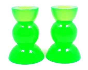 Set of Two Neon Green Resin Handmade Rounded Geometric Candlestick Holders, UV Fluorescent, Unisex Gifts for Them