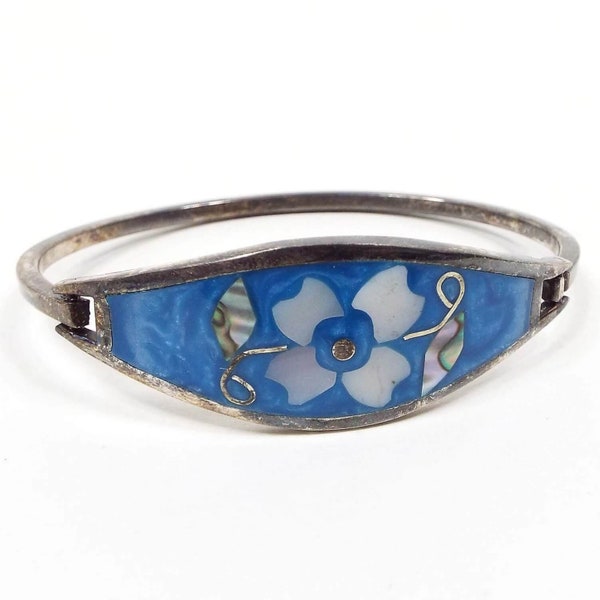 Blue Enameled Vintage Hinged Bangle Bracelet with Abalone and Mother of Pearl Flower Design, Southwestern Boho Jewelry