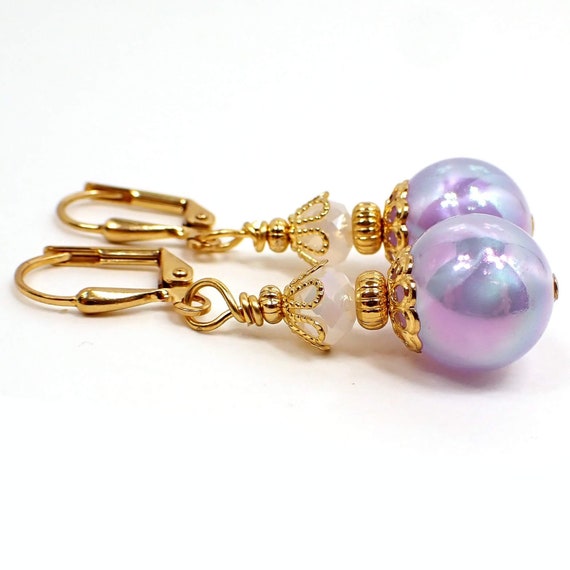 Handmade Iridescent Purple Round Drop Earrings, Gold Plated, Hook