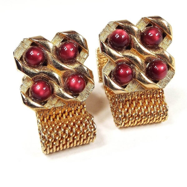 Red Moonglow Lucite Mid Century Vintage Mesh Wrap Around Cufflinks, Geometric Jewelry, Gold Plated