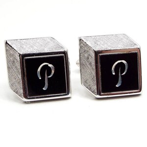 Swank Flat Optical Illusion Initial Letter P Vintage Cufflinks, Black and Silver Tone, Hipster Jewelry