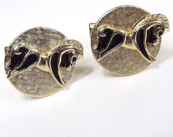 Cathe Vintage Horse Mid Century Cufflinks, Animal Jewelry, Black Painted Gold Tone