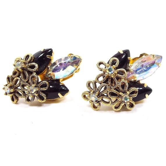 Black and Iridescent AB Rhinestone Mid Century Vintage Clip on