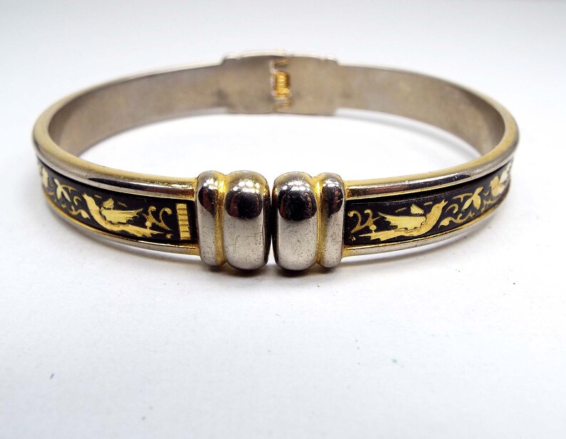 Mid Century 1950s 50s Birds and Flowers Damascene Vintage Hinged Bangle Bracelet