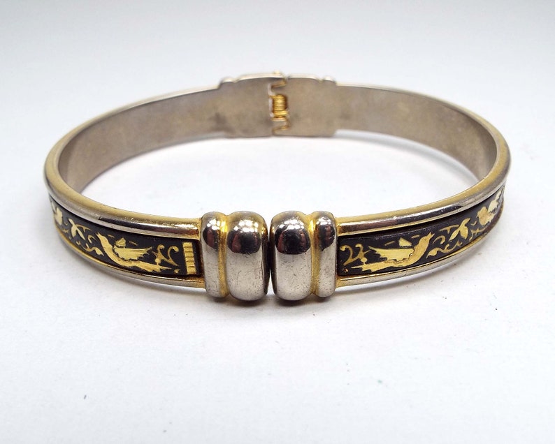 Mid Century 1950s 50s Birds and Flowers Damascene Vintage Hinged Bangle Bracelet