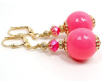 Handmade Pink Gumball Round Drop Earrings, Gold Plated, Hook Lever Back or Clip On, Gifts Under 30