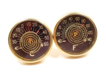 Harvey Avedon 1950's Celsius and Fahrenheit Vintage Cufflinks, Round Whale Back, Novelty Jewelry, Gold Tone Cuff Links, Gifts for Him,