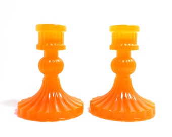 Set of Two Vintage Style Handmade Neon Orange Resin Candlestick Holders, UV Fluorescent Reactive Glow, Unisex Gifts for Them, Home Decor