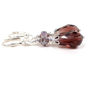 Handmade Wine Purple Glass Crystal Teardrop Earrings, Silver Plated, Hook Lever Back or Clip On