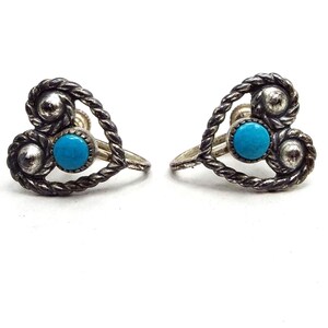 Sterling Silver and Turquoise Vintage Heart Screw Back Earrings, Southwestern Gemstone Jewelry, Gifts for Her