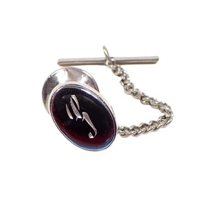 Mid Century Vintage Faux Hematite Oval Silver Tone Letter Initial S Tie Tack