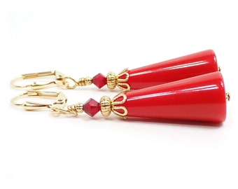 Handmade Red Lucite Cone Earrings, Geometric Jewelry, Gold Plated, Hook Lever Back or Clip On