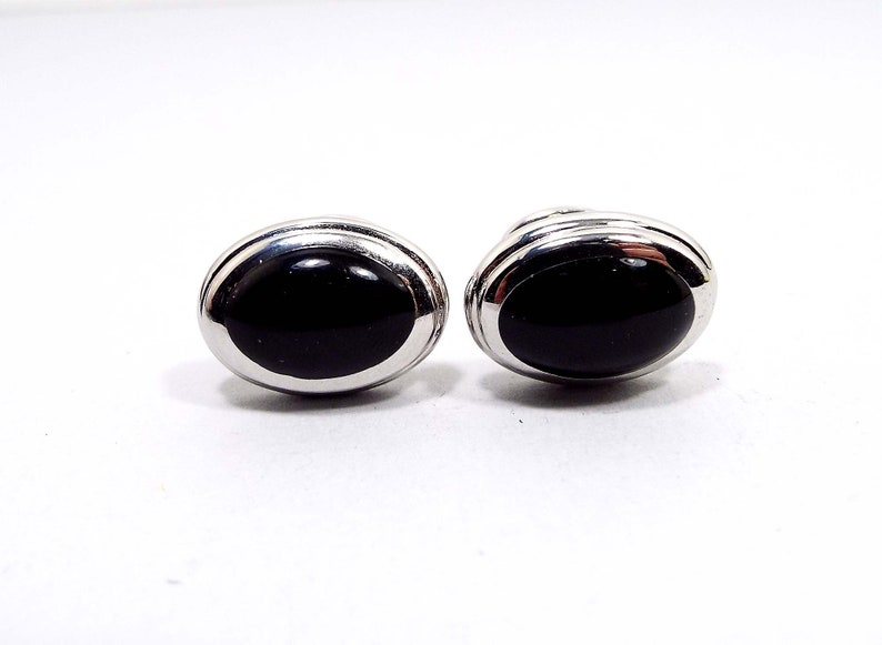 Black Plastic Front Bean Back Vintage Cufflinks Curved Silver Tone Oval Cuff Links Mid Century 1950s 50s Gentleman Jewelry