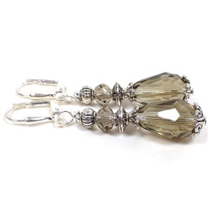 Handmade Smoky Brown Glass Crystal Teardrop Earrings, Silver Plated, Hook Lever Back or Clip On