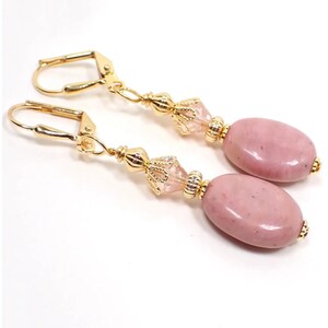 Handmade Pink Rhodonite Oval Drop Earrings, Gemstone Jewelry, Gold Plated, Hook Lever Back or Clip On