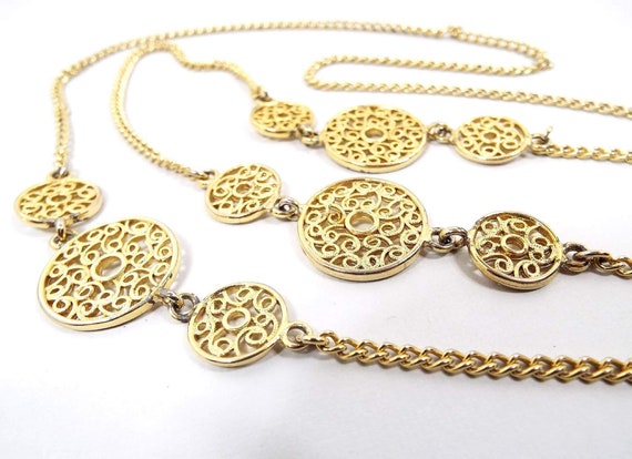 Long Gold Tone Filigree Vintage Chain Necklace - image 3