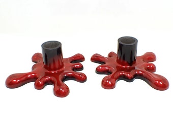 Set of Two Large Handmade Splat Style Pearly Red and Black Resin Candlestick Holders, Goth Vampire Halloween Decor