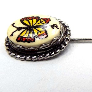 1970s Vintage Hand Painted Butterfly Stick Pin, Boho Hippie, Silver Tone