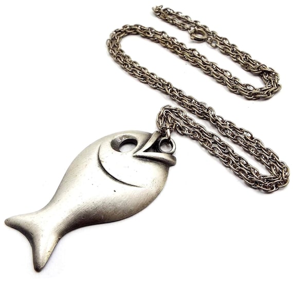 Pewter Fish Vintage Pendant Necklace, Nautical Oc… - image 1