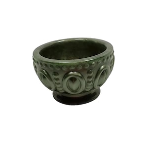 Handmade Small Olive Green Resin Footed Decorative Bowl with Raised Oval and Dot Pattern