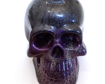 Large Black Gray and Dark Purple Resin Handmade Skull with Iridescent Glitter