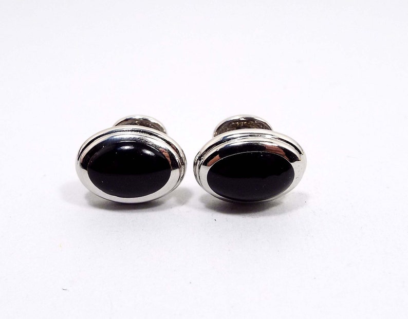 Black Plastic Front Bean Back Vintage Cufflinks Curved Silver Tone Oval Cuff Links Mid Century 1950s 50s Gentleman Jewelry