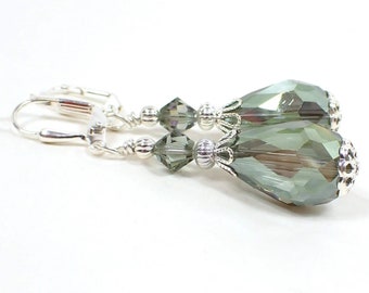 Handmade Large Smoky Green Glass Crystal Teardrop Earrings, Silver Plated, Hook Lever Back or Clip On