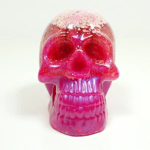 Handmade Hot Pink Resin Skull with Iridescent Glitter, Halloween