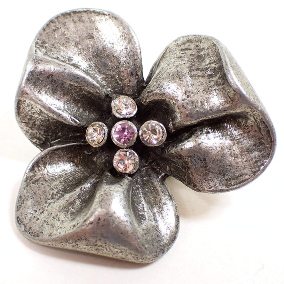 1980's Pewter Rhinestone Vintage Flower Brooch