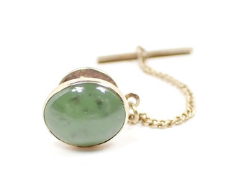 Oval Chrysoprase Gemstone Vintage Tie Tack, Gold Tone, Spring Summer Jewelry, Gifts for Him