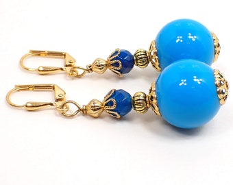 Handmade Blue Lucite Gumball Drop Earrings, Gold Plated, Hook Lever Back or Clip On