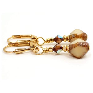 Handmade Small Brown and Off White Czech Glass Beaded Drop Earrings, Gold Plated, Hook Lever Back or Clip On