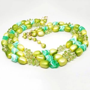 Hong Kong Green Multi Strand Plastic Beaded Mid Century Vintage Necklace