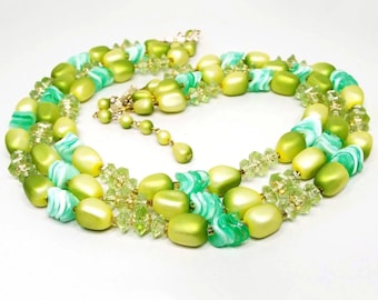 Hong Kong Green Multi Strand Plastic Beaded Mid Century Vintage Necklace